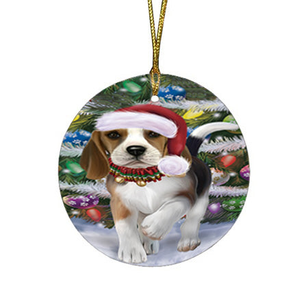 Trotting in the Snow Beagle Dog Round Flat Christmas Ornament RFPOR54682
