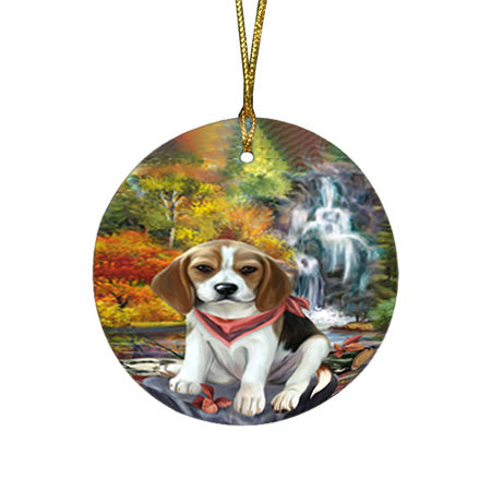 Scenic Waterfall Beagle Dog Round Flat Christmas Ornament RFPOR51812