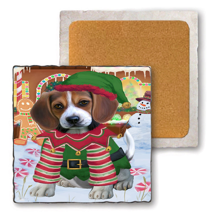 Christmas Gingerbread House Candyfest Beagle Dog Set of 4 Natural Stone Marble Tile Coasters MCST51168