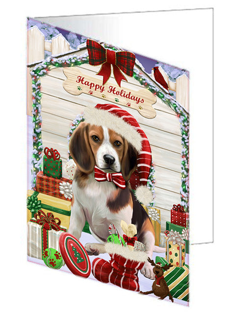 Happy Holidays Christmas Beagle Dog House with Presents Handmade Artwork Assorted Pets Greeting Cards and Note Cards with Envelopes for All Occasions and Holiday Seasons GCD58010