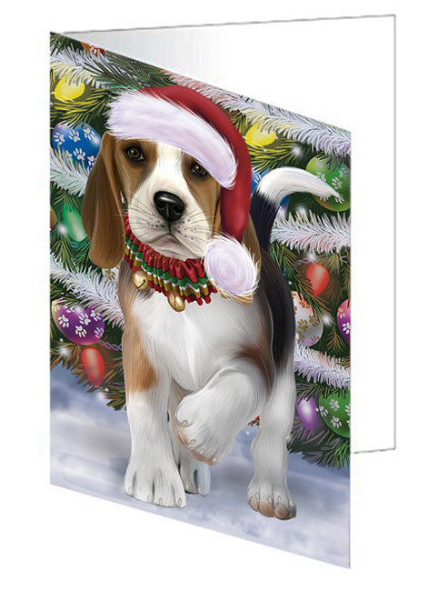 Trotting in the Snow Beagle Dog Handmade Artwork Assorted Pets Greeting Cards and Note Cards with Envelopes for All Occasions and Holiday Seasons GCD68102