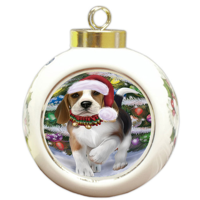 Trotting in the Snow Beagle Dog Round Ball Christmas Ornament RBPOR54691