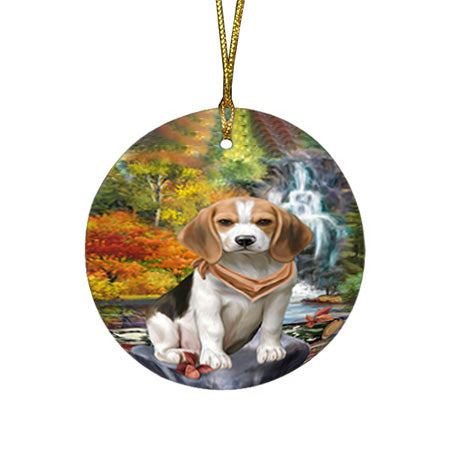 Scenic Waterfall Beagle Dog Round Flat Christmas Ornament RFPOR51813