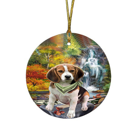 Scenic Waterfall Beagle Dog Round Flat Christmas Ornament RFPOR51814
