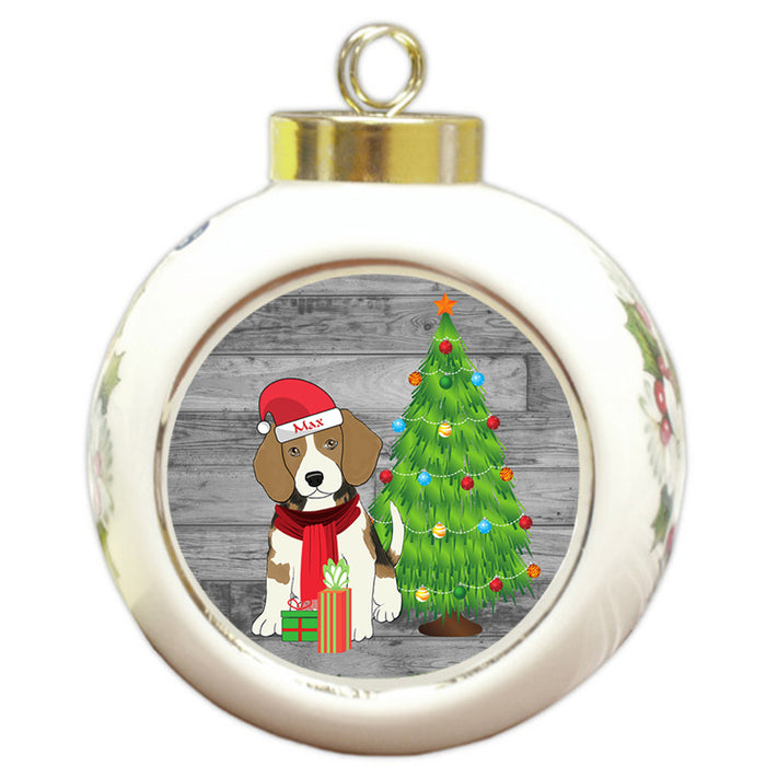 Custom Personalized Beagle Dog With Tree and Presents Christmas Round Ball Ornament