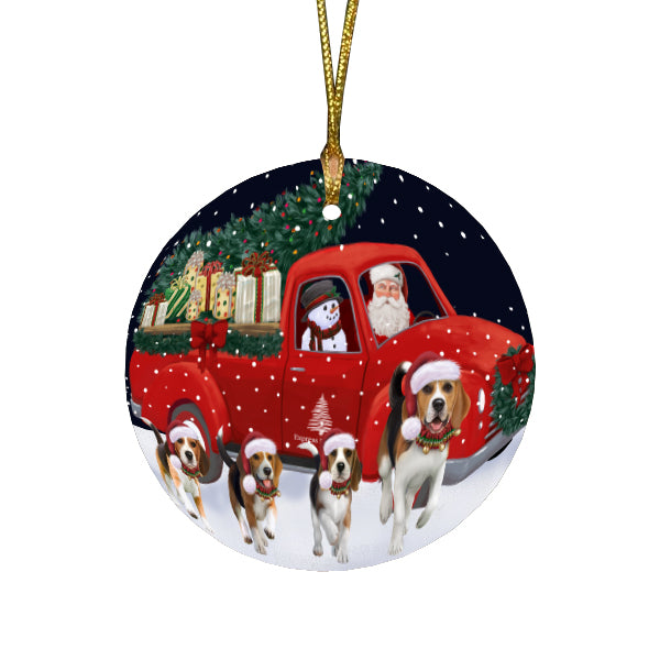 Christmas Express Delivery Red Truck Running Beagle Dogs Round Flat Christmas Ornament RFPOR57724