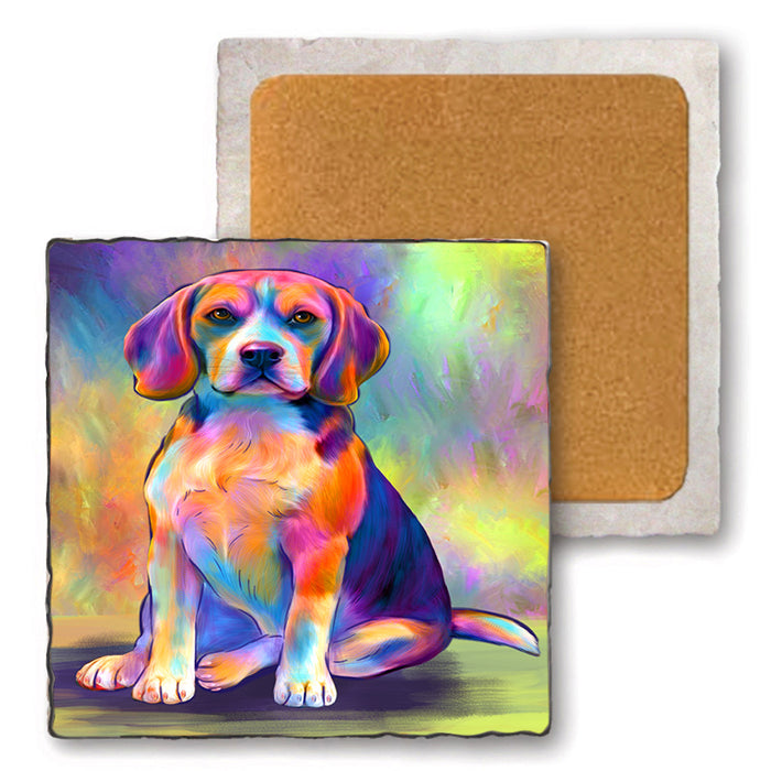 Paradise Wave Beagle Dog Set of 4 Natural Stone Marble Tile Coasters MCST51692