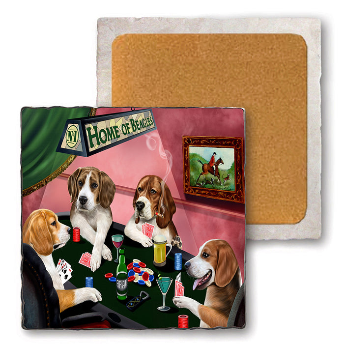 Set of 4 Natural Stone Marble Tile Coasters - Home of Beagle 4 Dogs Playing Poker MCST48005