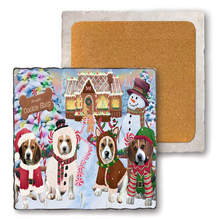 Holiday Gingerbread Cookie Shop Beagles Dog Set of 4 Natural Stone Marble Tile Coasters MCST51102