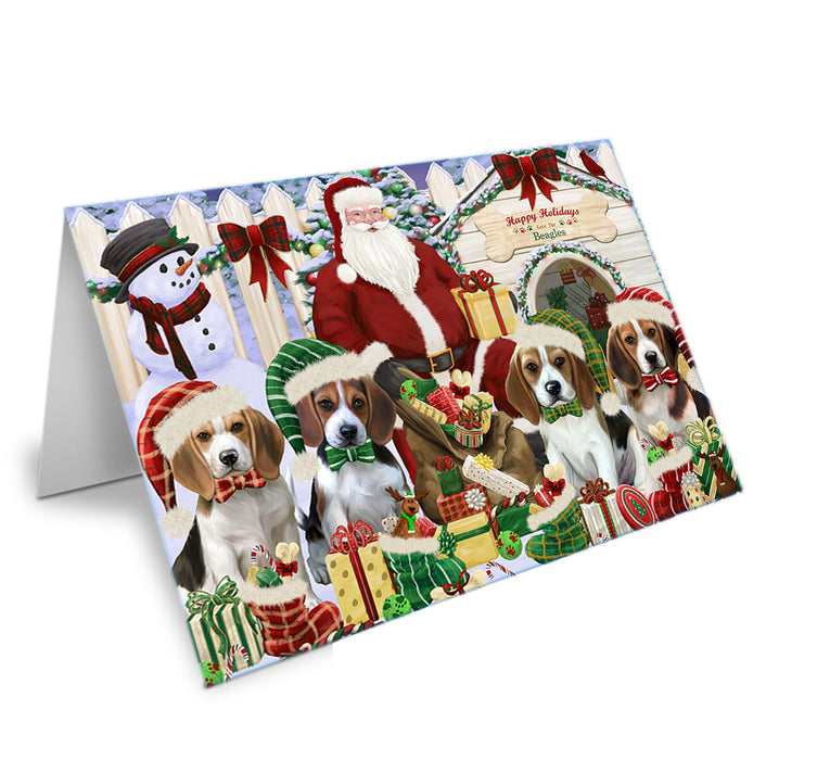 Happy Holidays Christmas Beagles Dog House Gathering Handmade Artwork Assorted Pets Greeting Cards and Note Cards with Envelopes for All Occasions and Holiday Seasons GCD57860