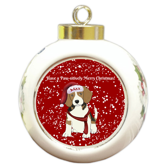 Custom Personalized Pawsitively Beagle Dog Merry Christmas Round Ball Ornament