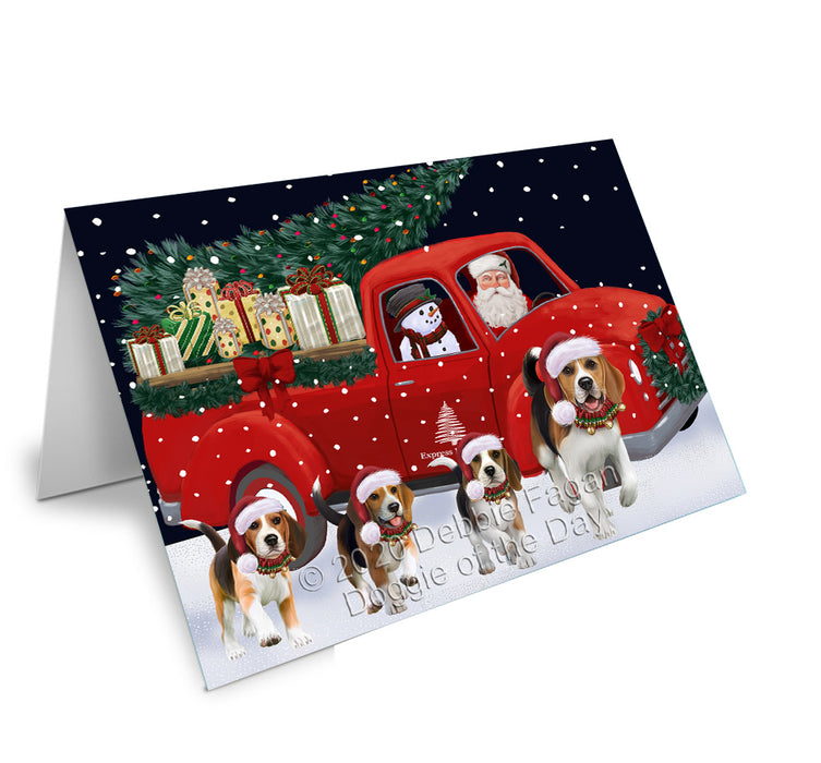 Christmas Express Delivery Red Truck Running Beagle Dogs Handmade Artwork Assorted Pets Greeting Cards and Note Cards with Envelopes for All Occasions and Holiday Seasons GCD75059