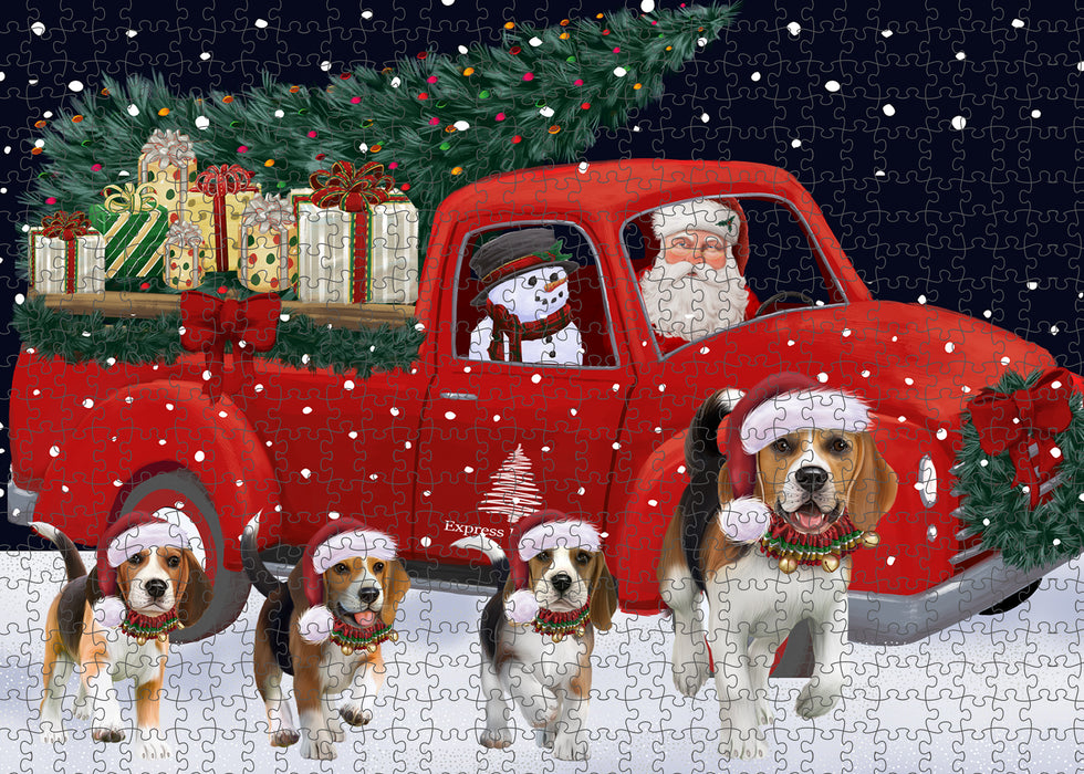 Christmas Express Delivery Red Truck Running Beagle Dogs Puzzle with Photo Tin PUZL99596