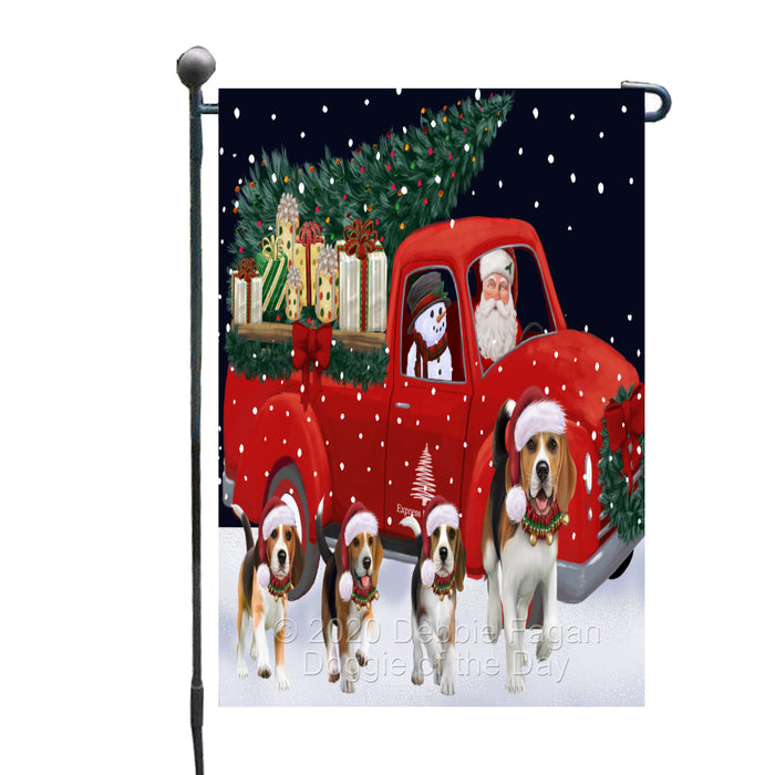 Christmas Express Delivery Red Truck Running Beagle Dogs Garden Flag GFLG66439