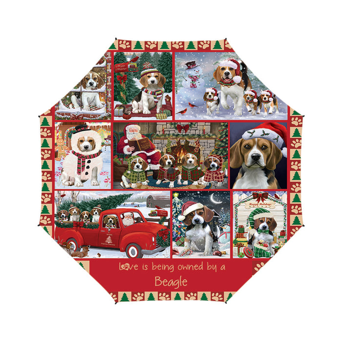Love is Being Owned Christmas Beagle Dogs Semi-Automatic Foldable Umbrella