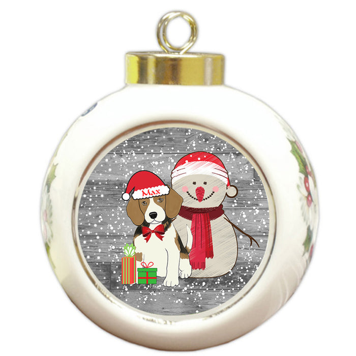 Custom Personalized Snowy Snowman and Beagle Dog Christmas Round Ball Ornament