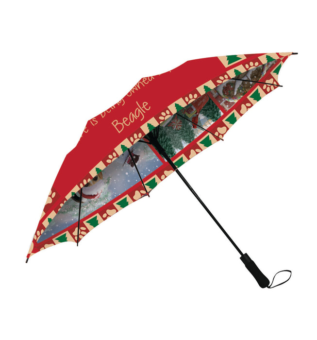 Love is Being Owned Christmas Beagle Dogs Semi-Automatic Foldable Umbrella
