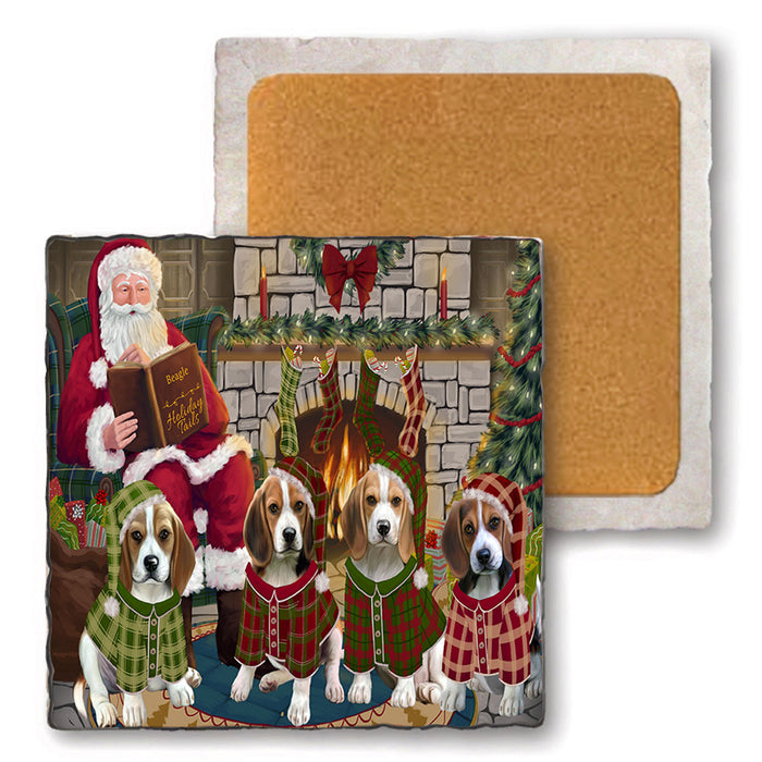 Christmas Cozy Holiday Tails Beagles Dog Set of 4 Natural Stone Marble Tile Coasters MCST50096