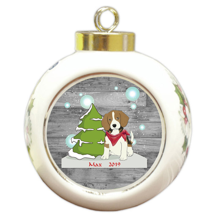 Custom Personalized Winter Scenic Tree and Presents Beagle Dog Christmas Round Ball Ornament
