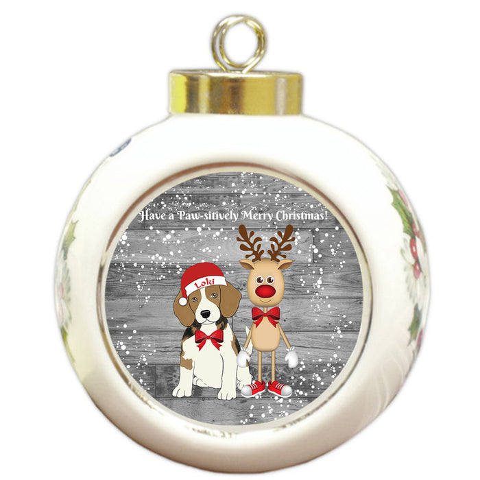 Custom Personalized Beagle Dog Reindeer and Pooch Christmas Round Ball Ornament