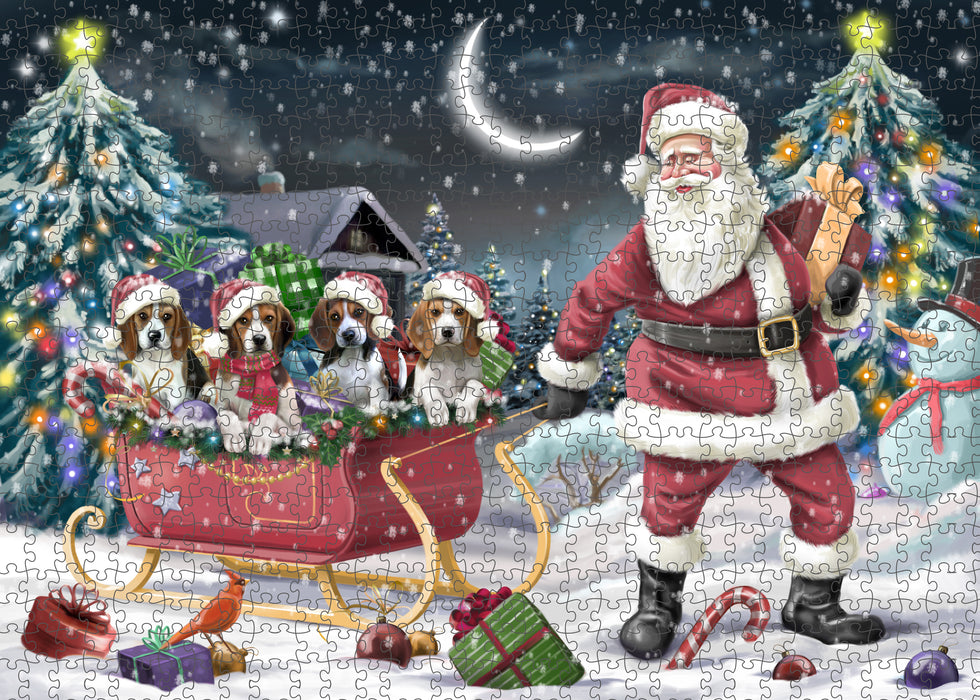 Christmas Santa Sled Beagle Dogs Portrait Jigsaw Puzzle for Adults Animal Interlocking Puzzle Game Unique Gift for Dog Lover's with Metal Tin Box