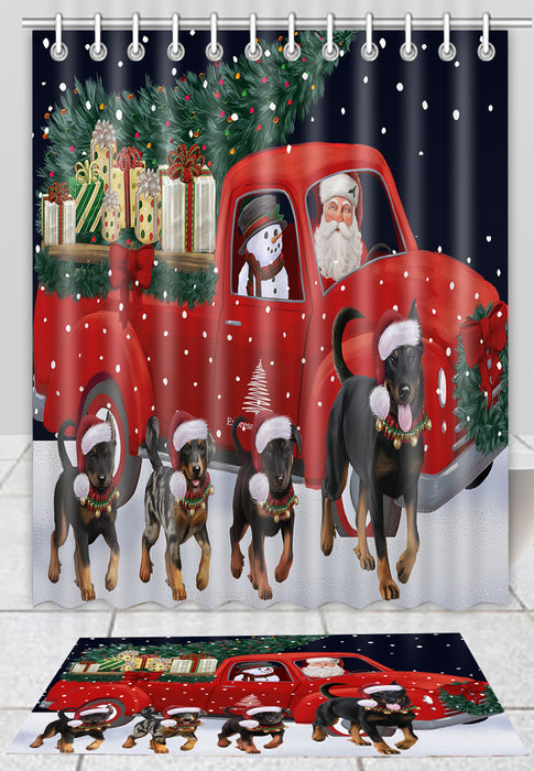 Christmas Express Delivery Red Truck Running Beauceron Dogs Bath Mat and Shower Curtain Combo