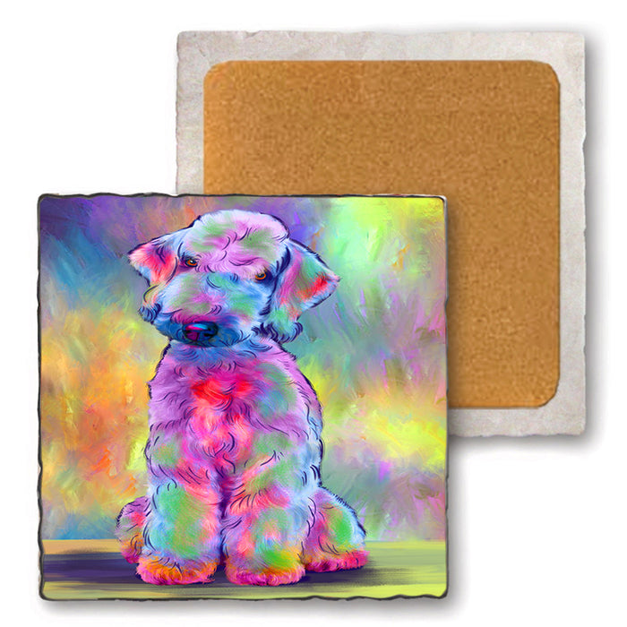 Paradise Wave Bedlington Terrier Dog Set of 4 Natural Stone Marble Tile Coasters MCST52493