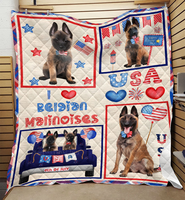 4th of July Independence Day I Love USA Belgian Malinois Dogs Quilt Bed Coverlet Bedspread - Pets Comforter Unique One-side Animal Printing - Soft Lightweight Durable Washable Polyester Quilt