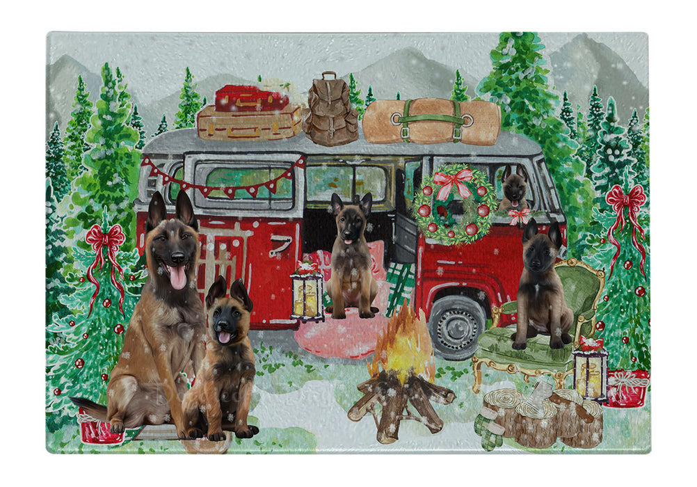 Christmas Time Camping with Belgian Malinois Dogs Cutting Board - For Kitchen - Scratch & Stain Resistant - Designed To Stay In Place - Easy To Clean By Hand - Perfect for Chopping Meats, Vegetables