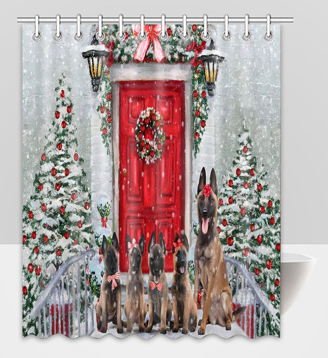 Christmas Holiday Welcome Belgian Malinois Dogs Shower Curtain Pet Painting Bathtub Curtain Waterproof Polyester One-Side Printing Decor Bath Tub Curtain for Bathroom with Hooks