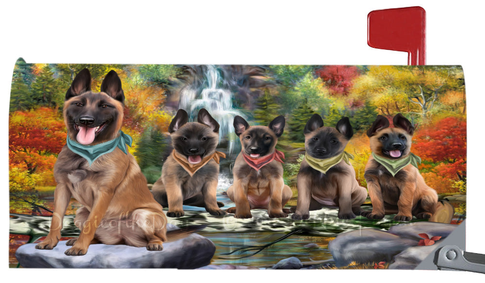 Scenic Waterfal Belgian Malinois Dogs Magnetic Mailbox Cover Both Sides Pet Theme Printed Decorative Letter Box Wrap Case Postbox Thick Magnetic Vinyl Material