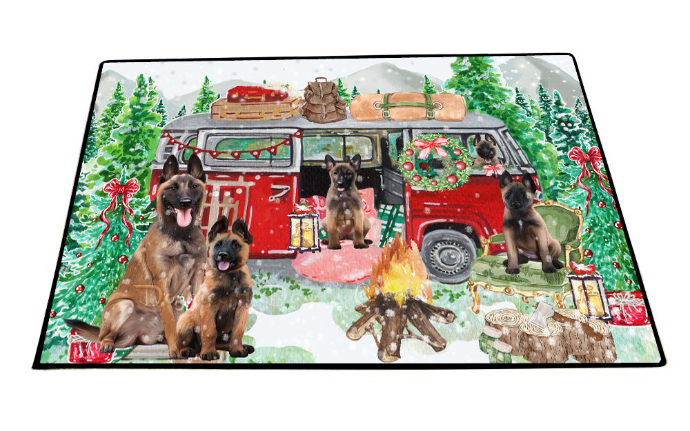 Christmas Time Camping with Belgian Malinois Dogs Floor Mat- Anti-Slip Pet Door Mat Indoor Outdoor Front Rug Mats for Home Outside Entrance Pets Portrait Unique Rug Washable Premium Quality Mat