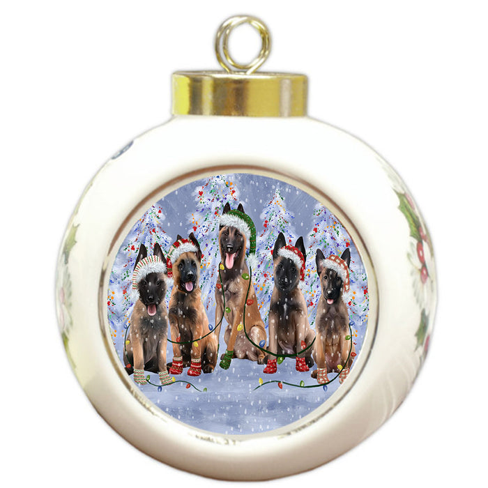 Christmas Lights and Belgian Malinois Dogs Round Ball Christmas Ornament Pet Decorative Hanging Ornaments for Christmas X-mas Tree Decorations - 3" Round Ceramic Ornament