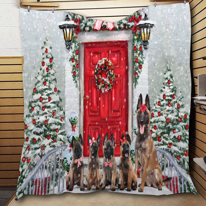 Christmas Holiday Welcome Belgian Malinois Dogs  Quilt Bed Coverlet Bedspread - Pets Comforter Unique One-side Animal Printing - Soft Lightweight Durable Washable Polyester Quilt