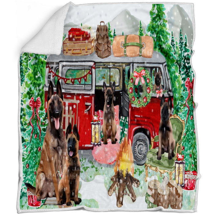 Christmas Time Camping with Belgian Malinois Dogs Blanket - Lightweight Soft Cozy and Durable Bed Blanket - Animal Theme Fuzzy Blanket for Sofa Couch