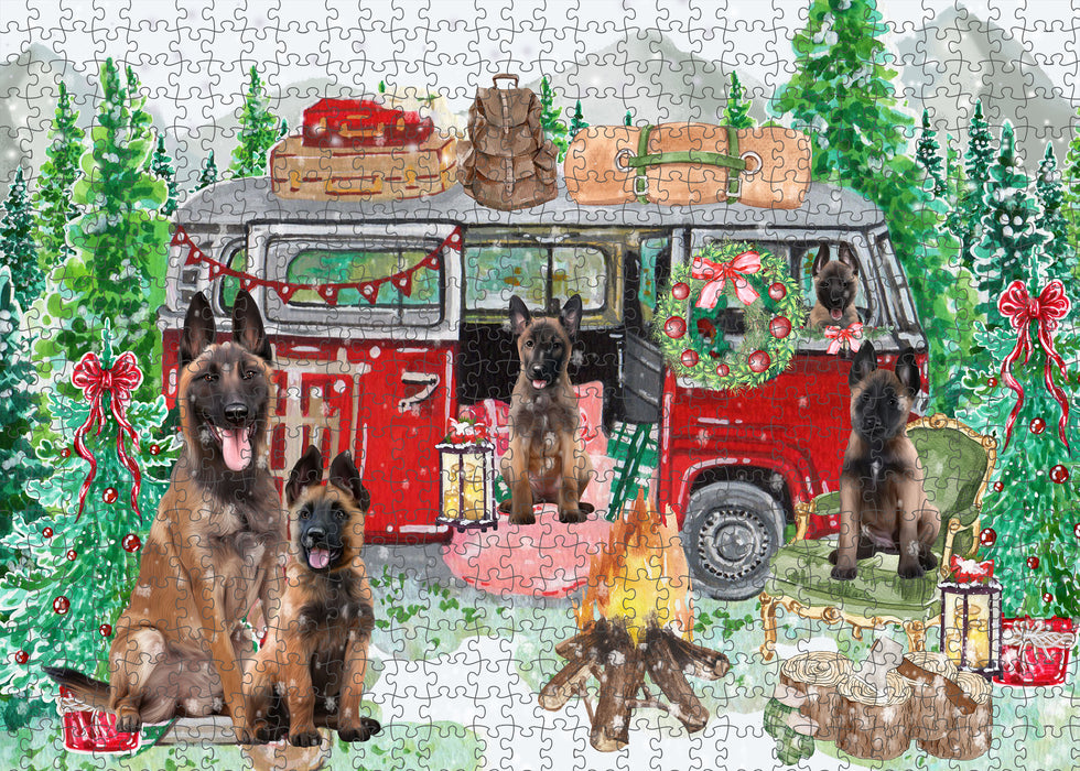 Christmas Time Camping with Belgian Malinois Dogs Portrait Jigsaw Puzzle for Adults Animal Interlocking Puzzle Game Unique Gift for Dog Lover's with Metal Tin Box