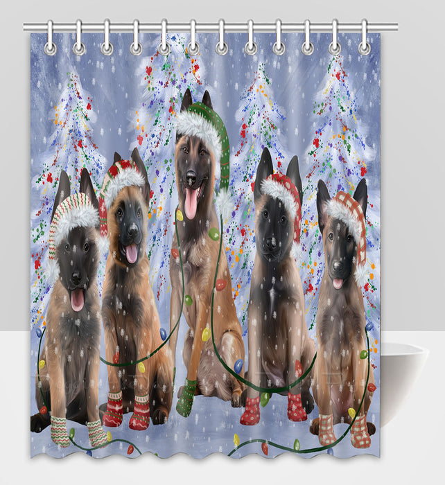 Christmas Lights and Belgian Malinois Dogs Shower Curtain Pet Painting Bathtub Curtain Waterproof Polyester One-Side Printing Decor Bath Tub Curtain for Bathroom with Hooks