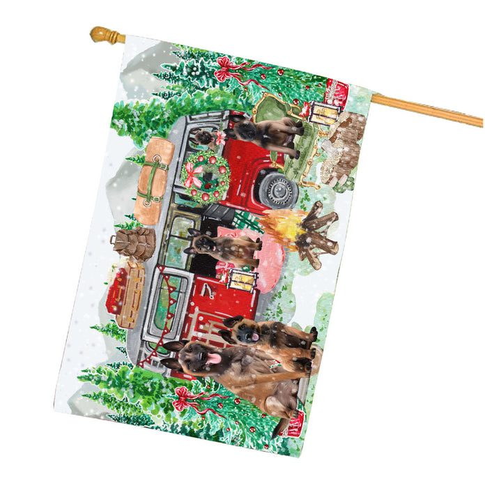 Christmas Time Camping with Belgian Malinois Dogs House Flag Outdoor Decorative Double Sided Pet Portrait Weather Resistant Premium Quality Animal Printed Home Decorative Flags 100% Polyester