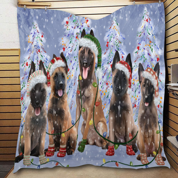 Christmas Lights and Belgian Malinois Dogs  Quilt Bed Coverlet Bedspread - Pets Comforter Unique One-side Animal Printing - Soft Lightweight Durable Washable Polyester Quilt