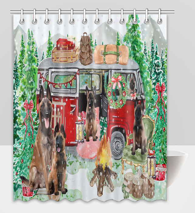 Christmas Time Camping with Belgian Malinois Dogs Shower Curtain Pet Painting Bathtub Curtain Waterproof Polyester One-Side Printing Decor Bath Tub Curtain for Bathroom with Hooks