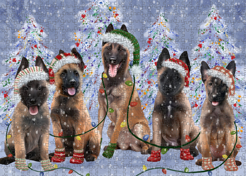 Christmas Lights and Belgian Malinois Dogs Portrait Jigsaw Puzzle for Adults Animal Interlocking Puzzle Game Unique Gift for Dog Lover's with Metal Tin Box