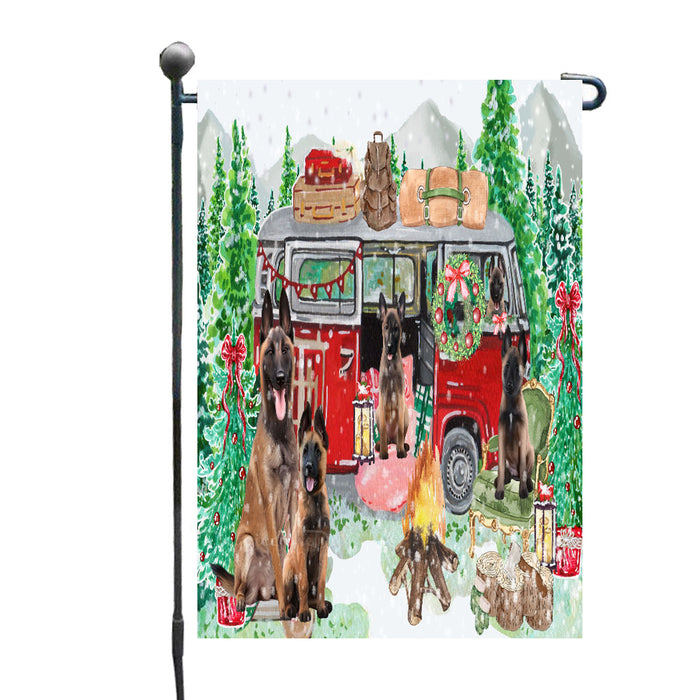 Christmas Time Camping with Belgian Malinois Dogs Garden Flags- Outdoor Double Sided Garden Yard Porch Lawn Spring Decorative Vertical Home Flags 12 1/2"w x 18"h