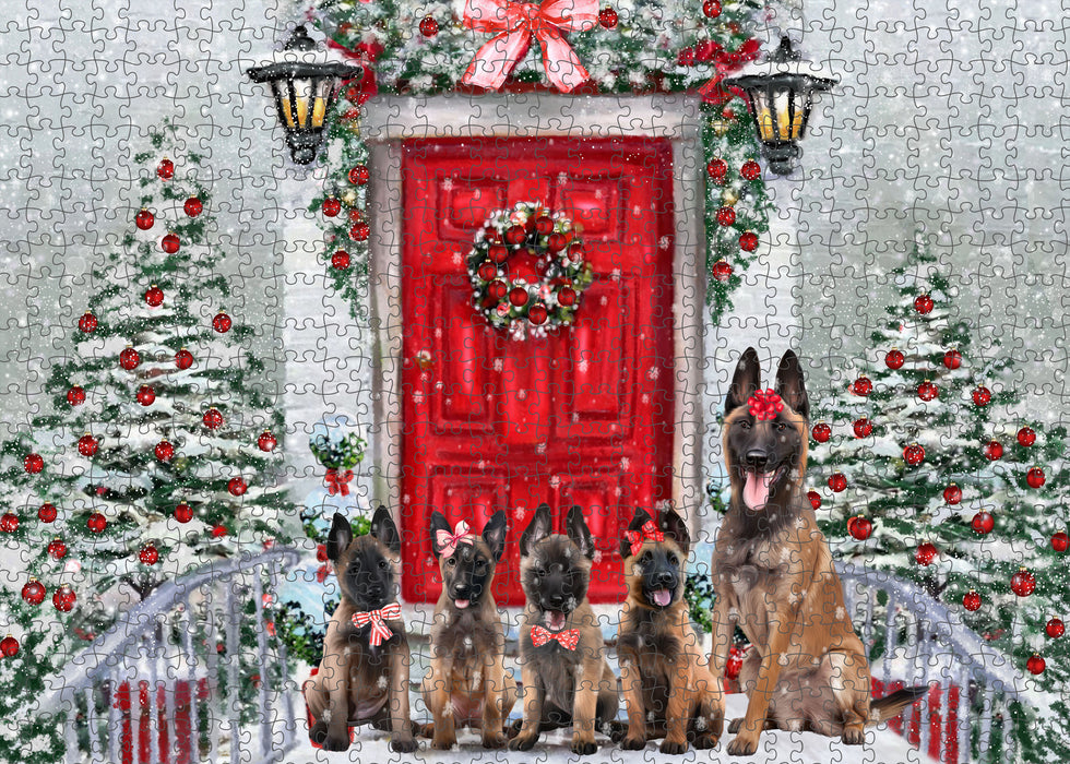 Christmas Holiday Welcome Belgian Malinois Dogs Portrait Jigsaw Puzzle for Adults Animal Interlocking Puzzle Game Unique Gift for Dog Lover's with Metal Tin Box