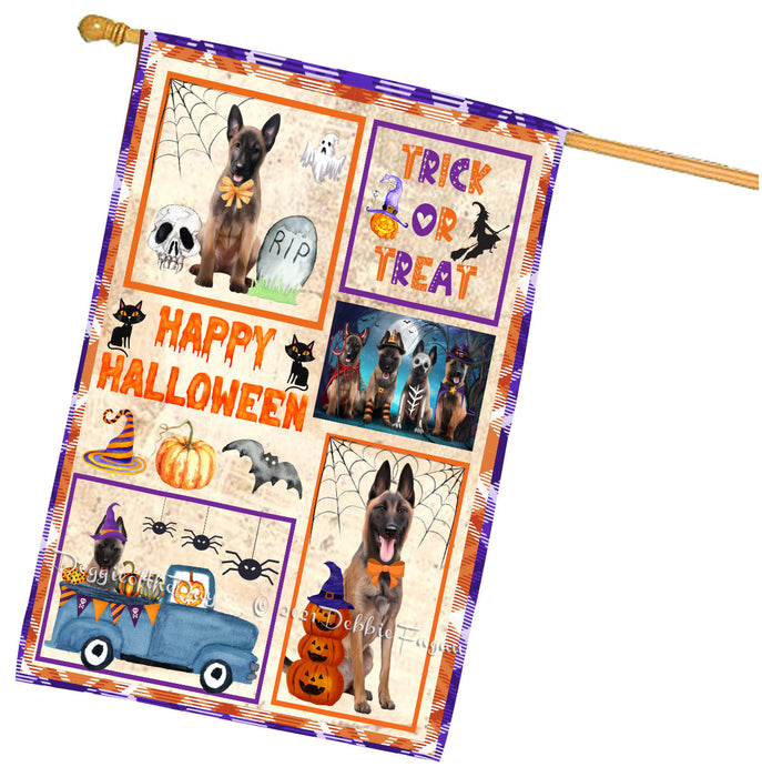 Happy Halloween Trick or Treat Belgian Malinois Dogs House Flag Outdoor Decorative Double Sided Pet Portrait Weather Resistant Premium Quality Animal Printed Home Decorative Flags 100% Polyester