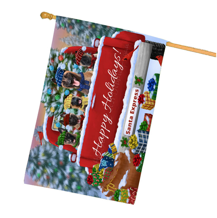 Christmas Red Truck Travlin Home for the Holidays Belgian Malinois Dogs House Flag Outdoor Decorative Double Sided Pet Portrait Weather Resistant Premium Quality Animal Printed Home Decorative Flags 100% Polyester