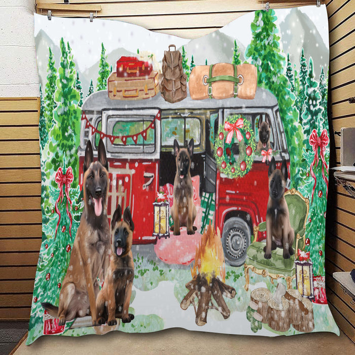 Christmas Time Camping with Belgian Malinois Dogs  Quilt Bed Coverlet Bedspread - Pets Comforter Unique One-side Animal Printing - Soft Lightweight Durable Washable Polyester Quilt