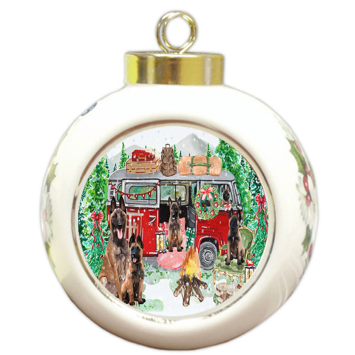 Christmas Time Camping with Belgian Malinois Dogs Round Ball Christmas Ornament Pet Decorative Hanging Ornaments for Christmas X-mas Tree Decorations - 3" Round Ceramic Ornament