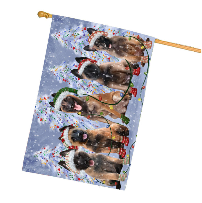 Christmas Lights and Belgian Malinois Dogs House Flag Outdoor Decorative Double Sided Pet Portrait Weather Resistant Premium Quality Animal Printed Home Decorative Flags 100% Polyester