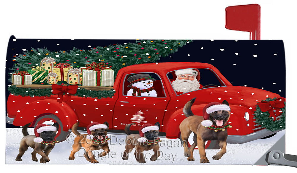 Christmas Express Delivery Red Truck Running Belgian Malinois Dog Magnetic Mailbox Cover Both Sides Pet Theme Printed Decorative Letter Box Wrap Case Postbox Thick Magnetic Vinyl Material