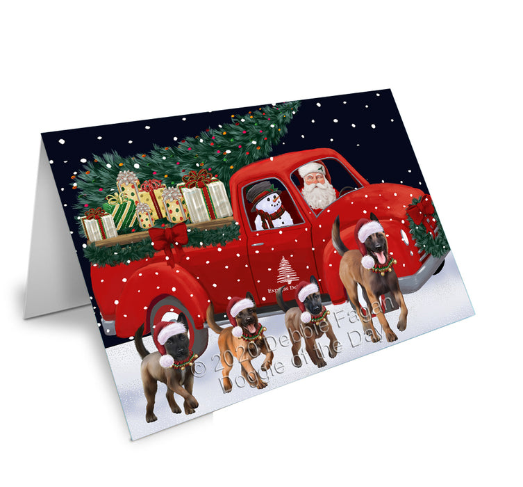 Christmas Express Delivery Red Truck Running Belgian Malinois Dogs Handmade Artwork Assorted Pets Greeting Cards and Note Cards with Envelopes for All Occasions and Holiday Seasons GCD75065